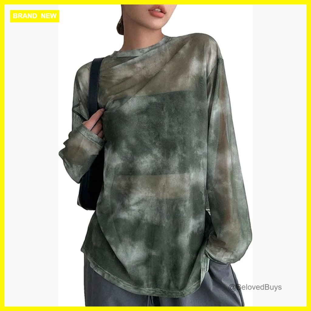 Sheer Mesh Long Sleeve Oversized Top Drop Shoulder Streetwear Tee